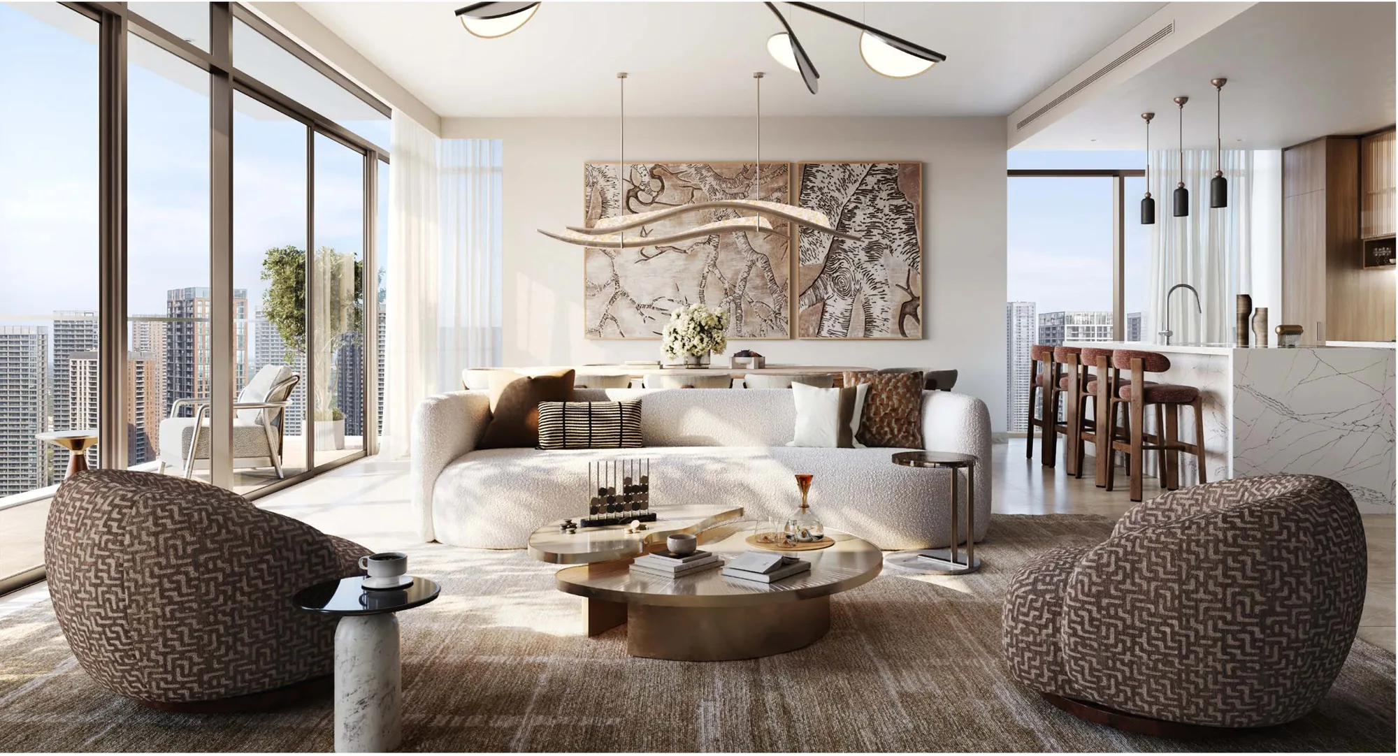 Living and dining area inside a Valia apartment, with floor-to-ceiling glazing onto a balcony and the Dubai skyline beyond
