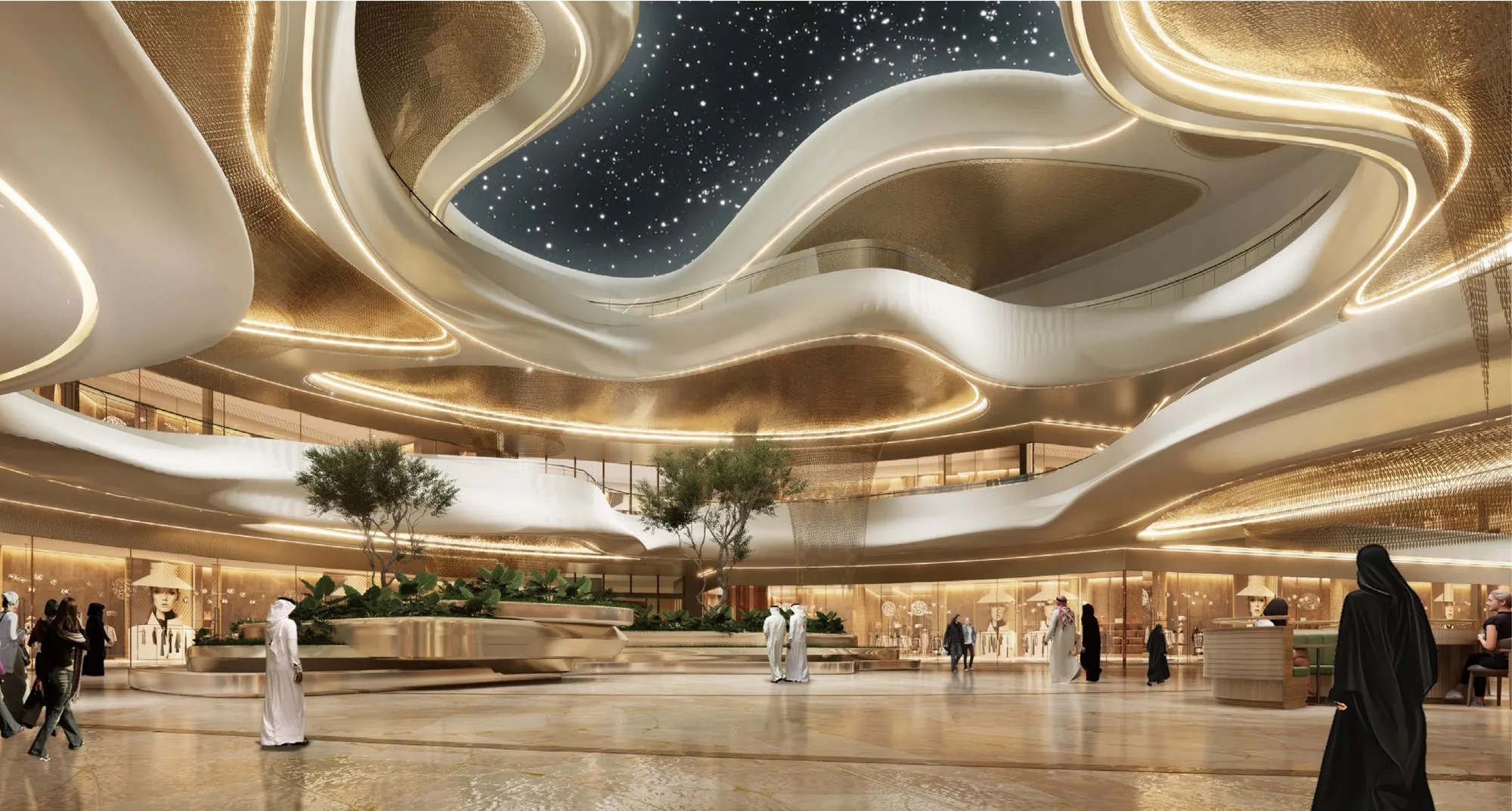Interior of Dubai Square Mall, with a sculptural gold ceiling and skylight above the retail concourse