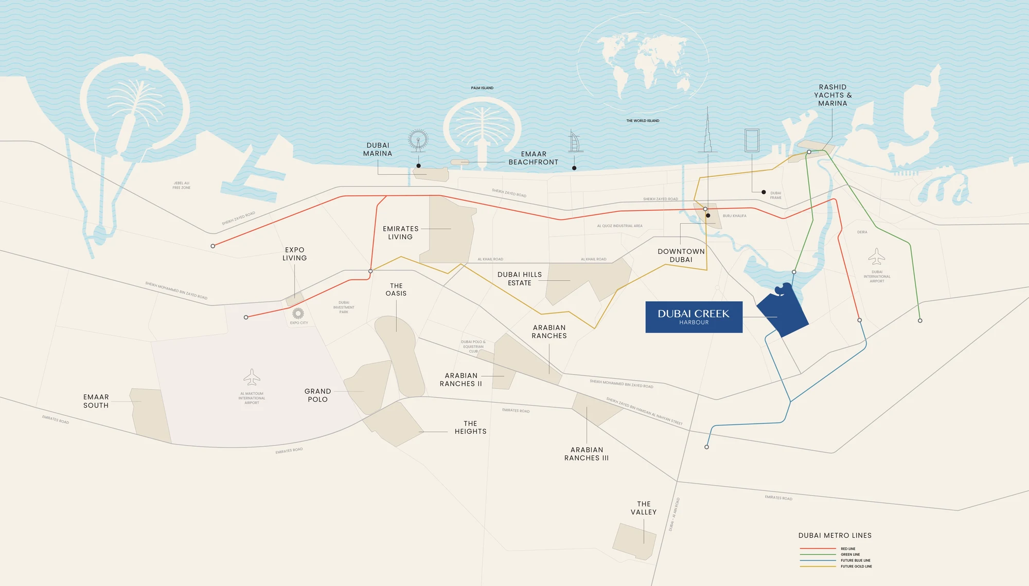 Map of Dubai showing Dubai Creek Harbour in relation to Downtown Dubai, Dubai Marina, Emaar Beachfront, Expo City and the metro network