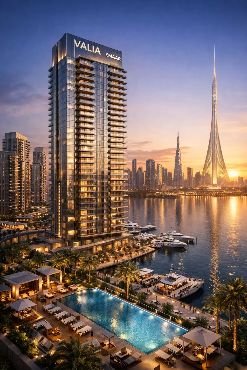 The Valia tower at dusk above Creek Marina, with Dubai Creek Tower and the Burj Khalifa on the skyline